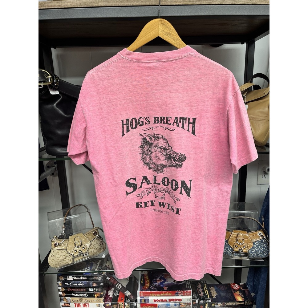 Vintage 90s Hogs Breath Saloon Key West FL Double Sided Pink T Shirt Size S/M